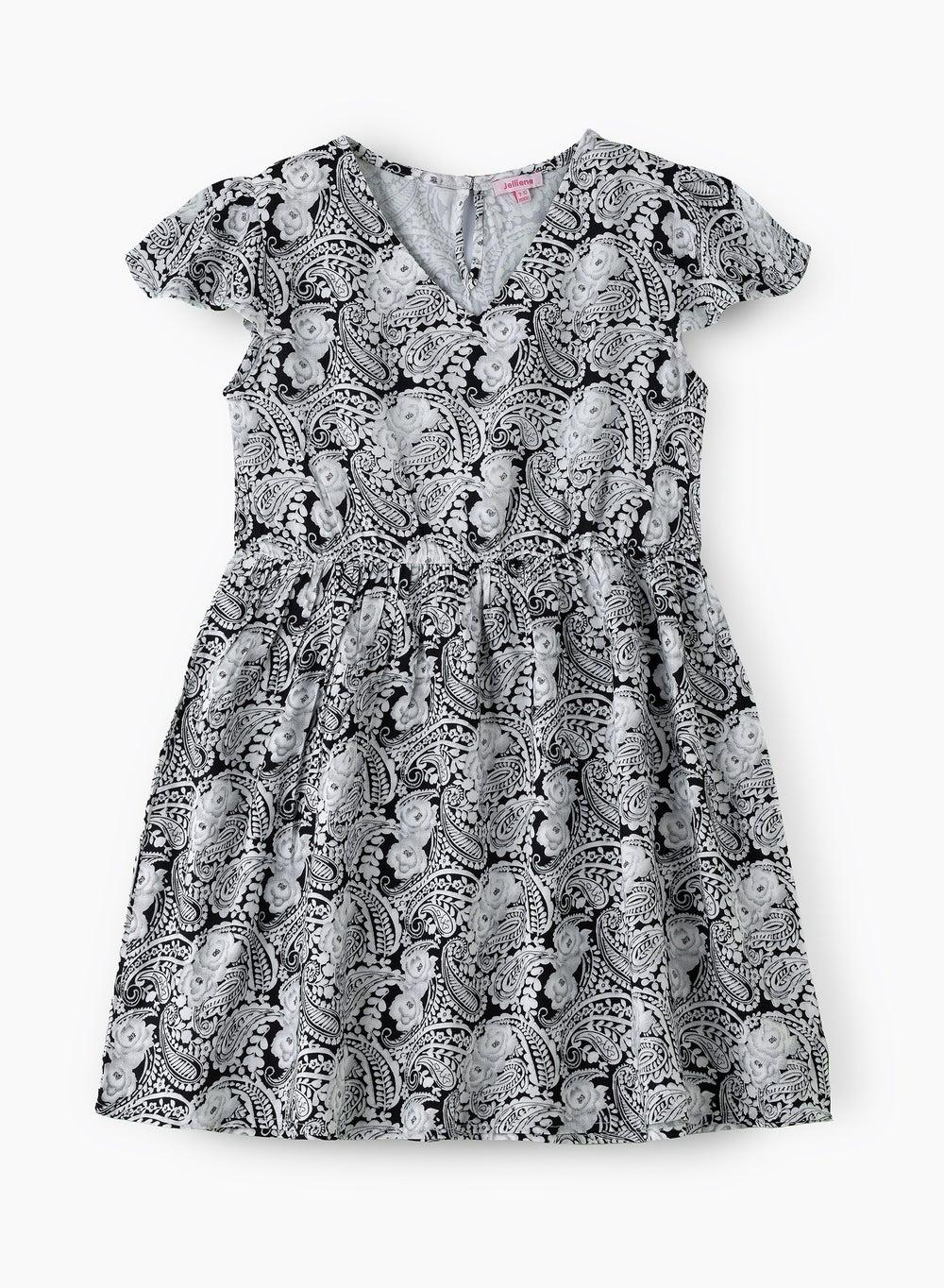 Girls Black White Paisley Viscose Midi Dress Chtng318 - Image 1