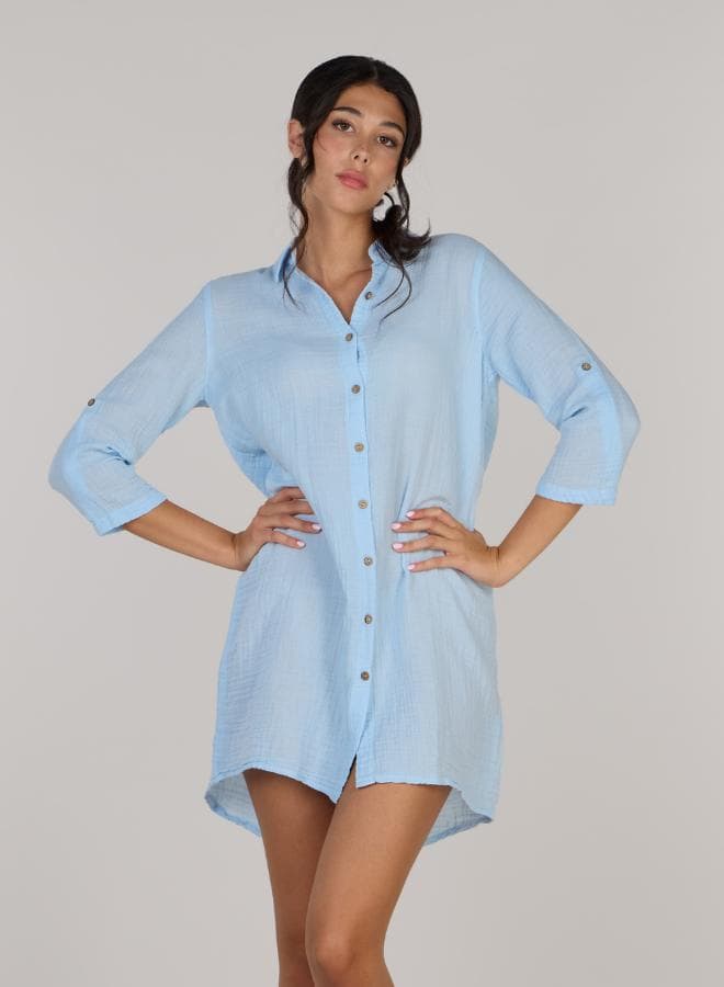 Sky Blue Soft Cotton Shirt Tunic Dress - Image 1