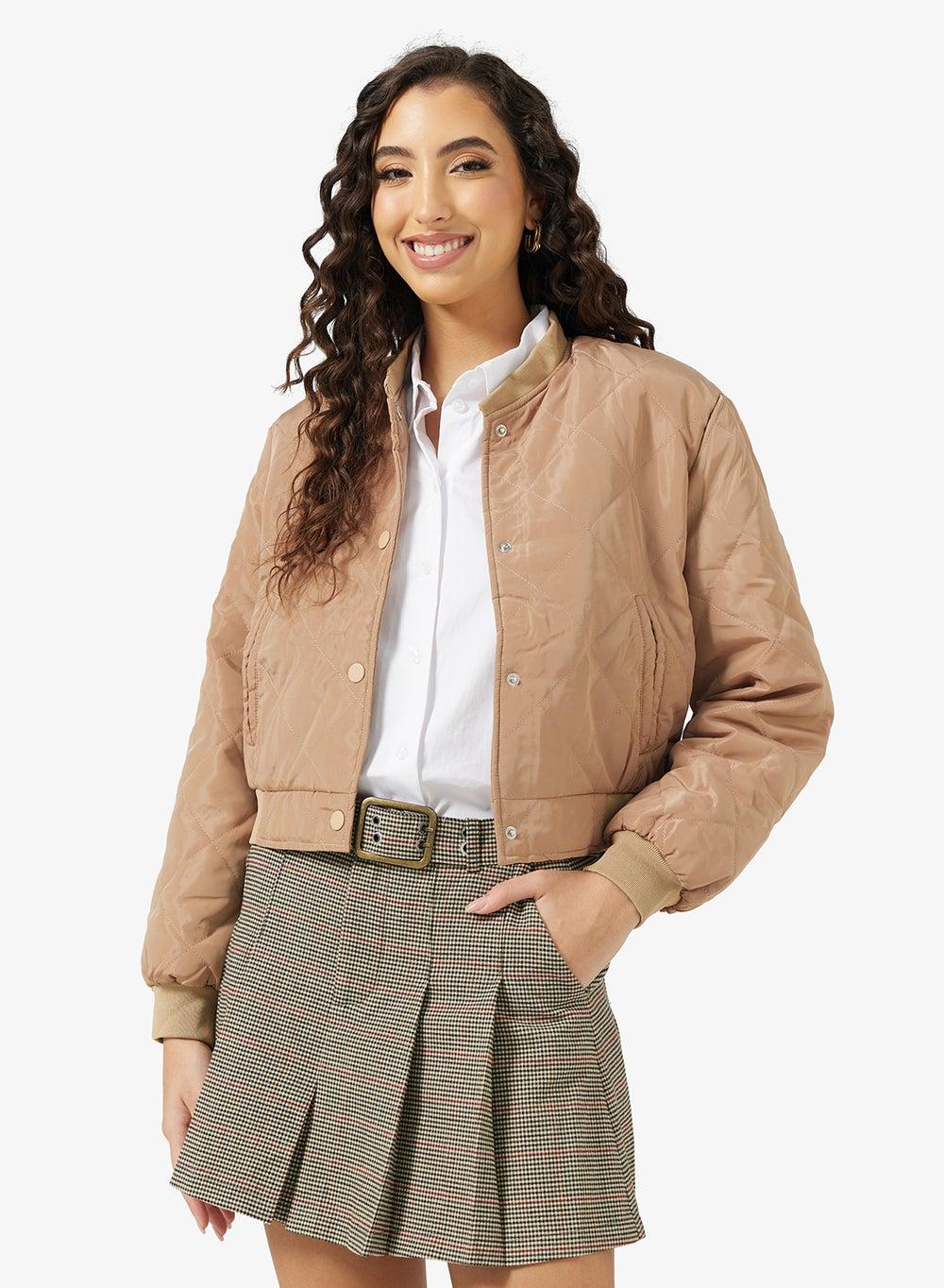 Vt9847 Quilted Cropped Bomber Jacket Brown - Image 1