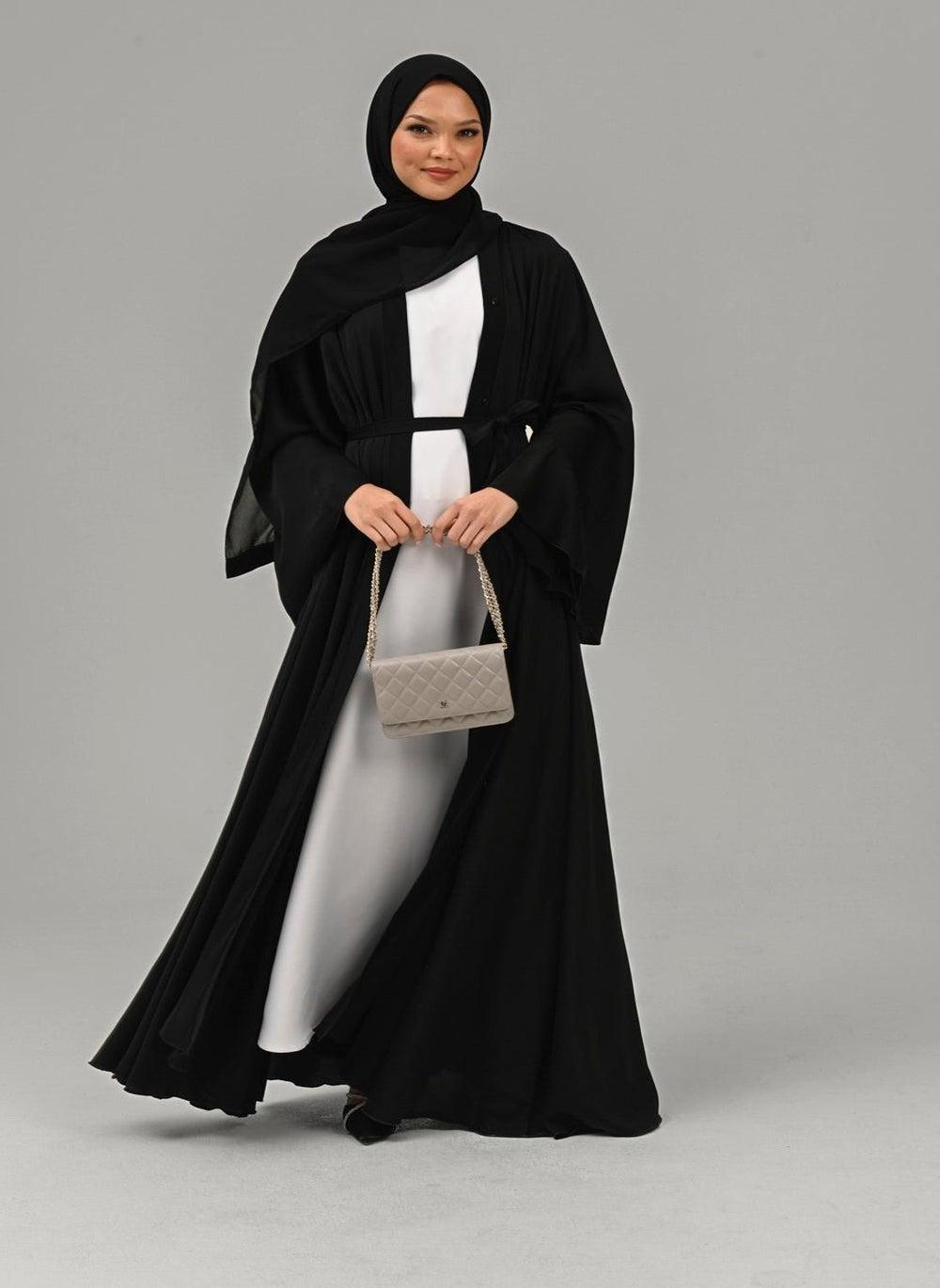 Elegant Black Belted Abaya with Hijab AB55 - Image 1