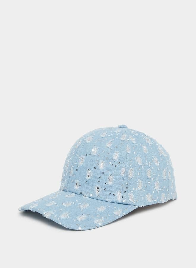 Sequined Distressed Blue Cap – Casual Cotton Blend - Image 1