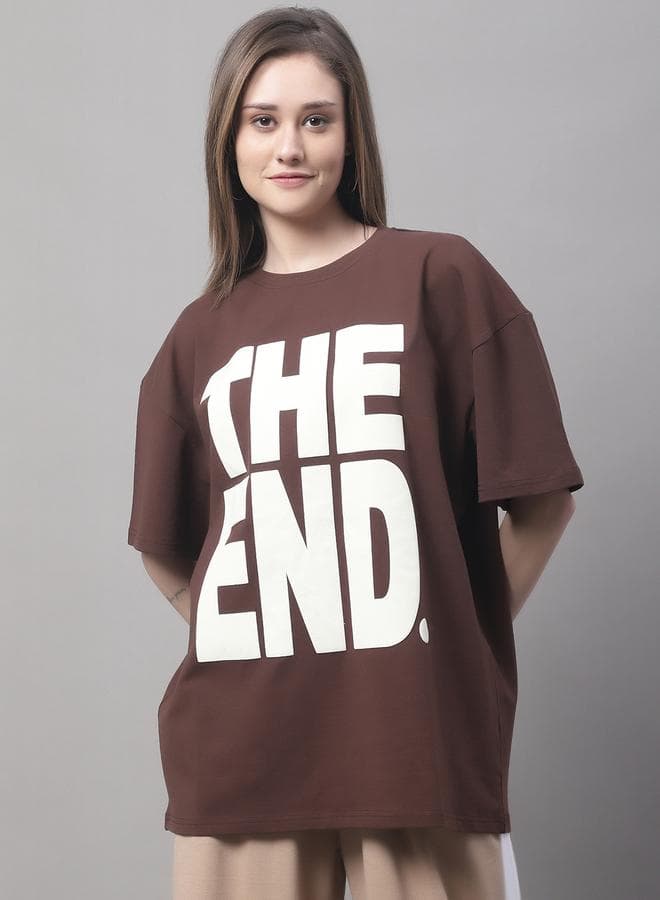 Door74 Brown Oversized Graphic Cotton T-Shirt Women - Image 1