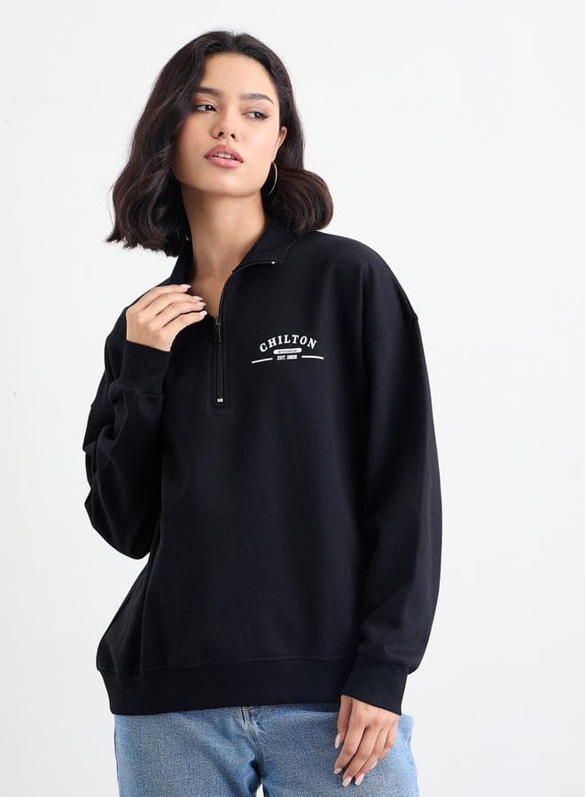 Styli Black Slogan Half Zip Sweatshirt Regular Fit - Image 1