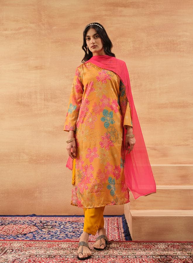 Mustard Chinon Printed Kurta Set with Palazzo 3 Piece - Image 1