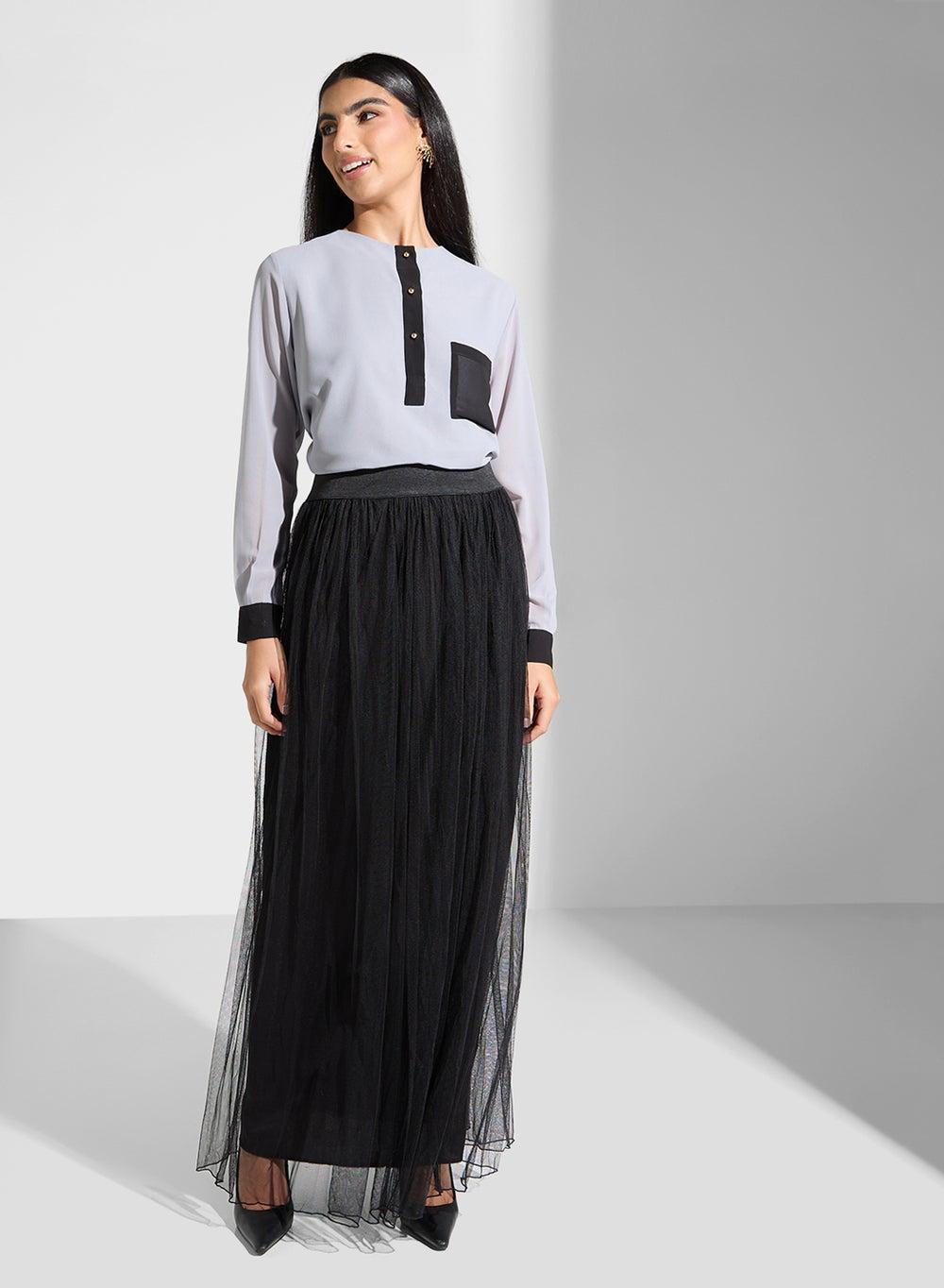 Black Net Maxi Skirt High-Rise Flared Elegance - Image 1