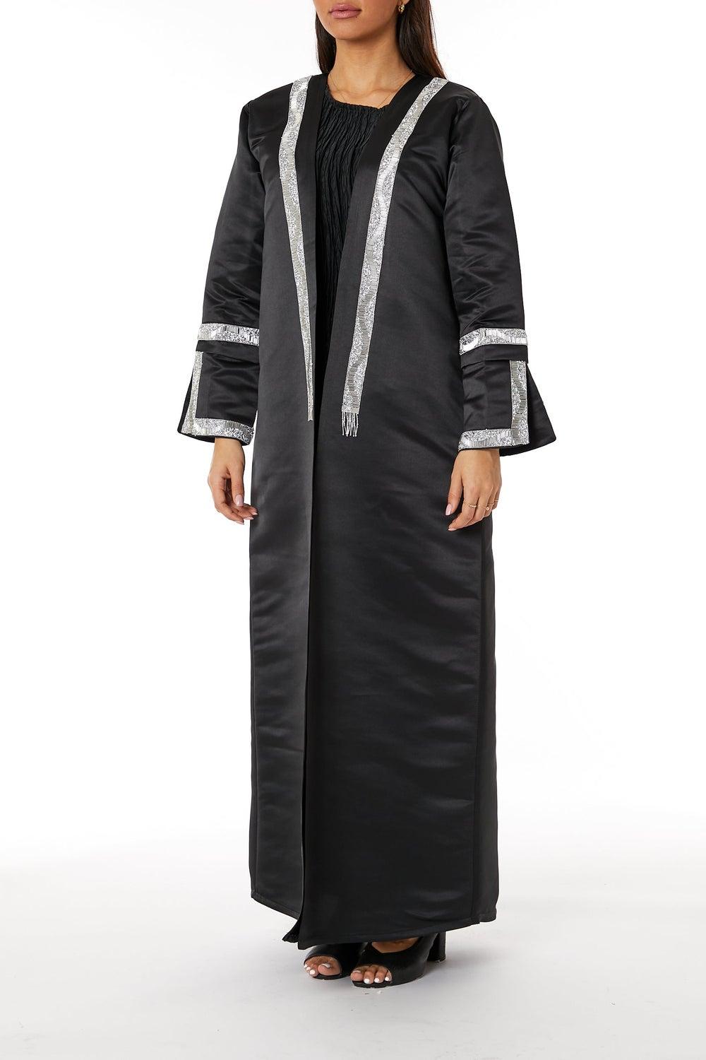 Black Satin Split Cuffs Embellished Abaya - Image 1
