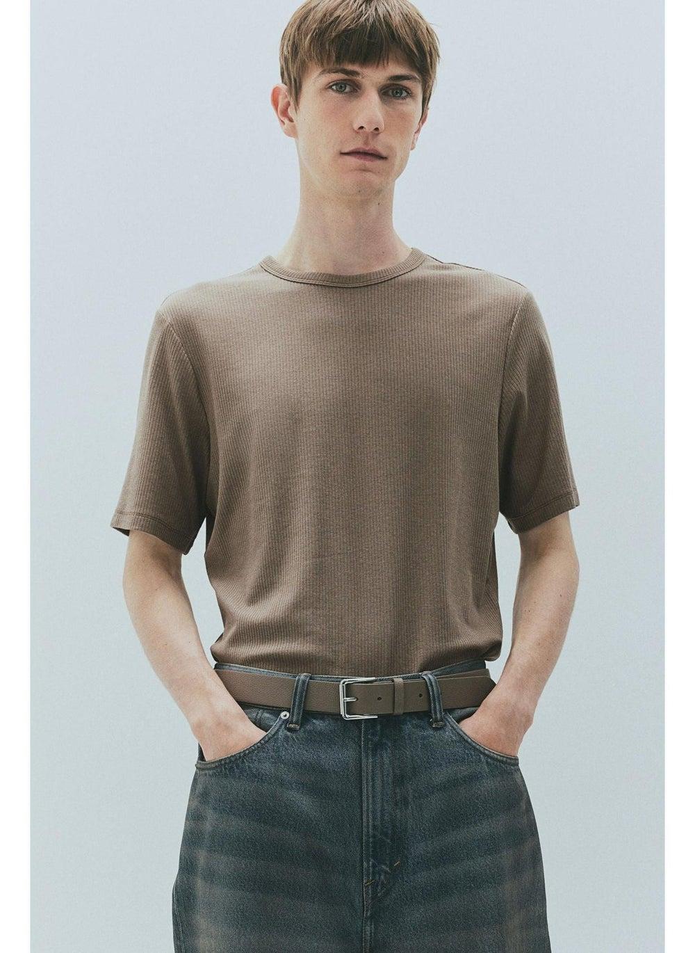 Slim Fit Ribbed T-Shirt in Dark Beige - Image 1