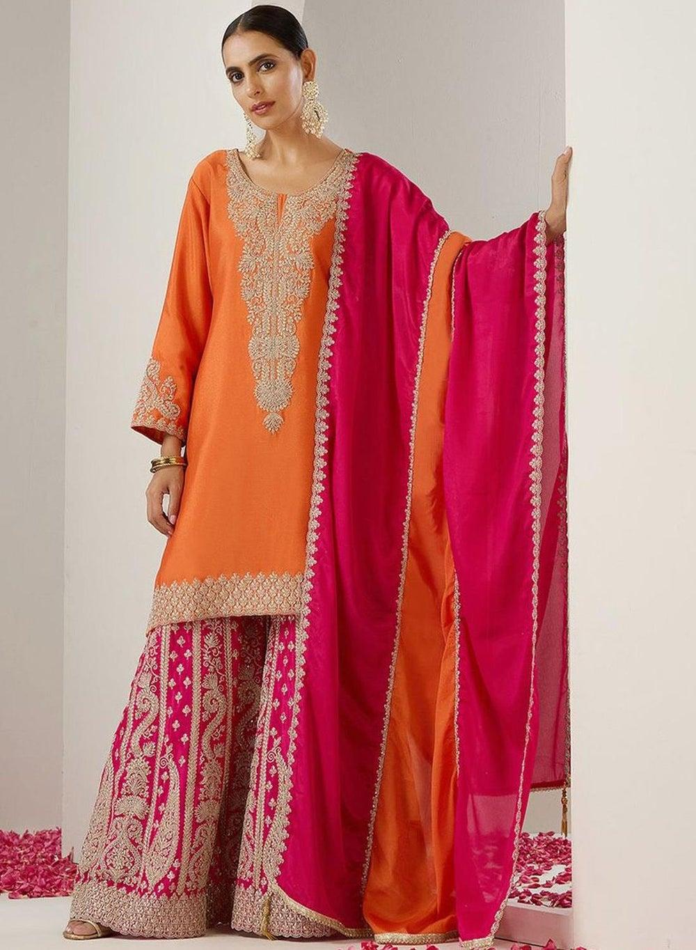 Orange Embroidered Cotton Straight Fit Kurta Set - Image 1