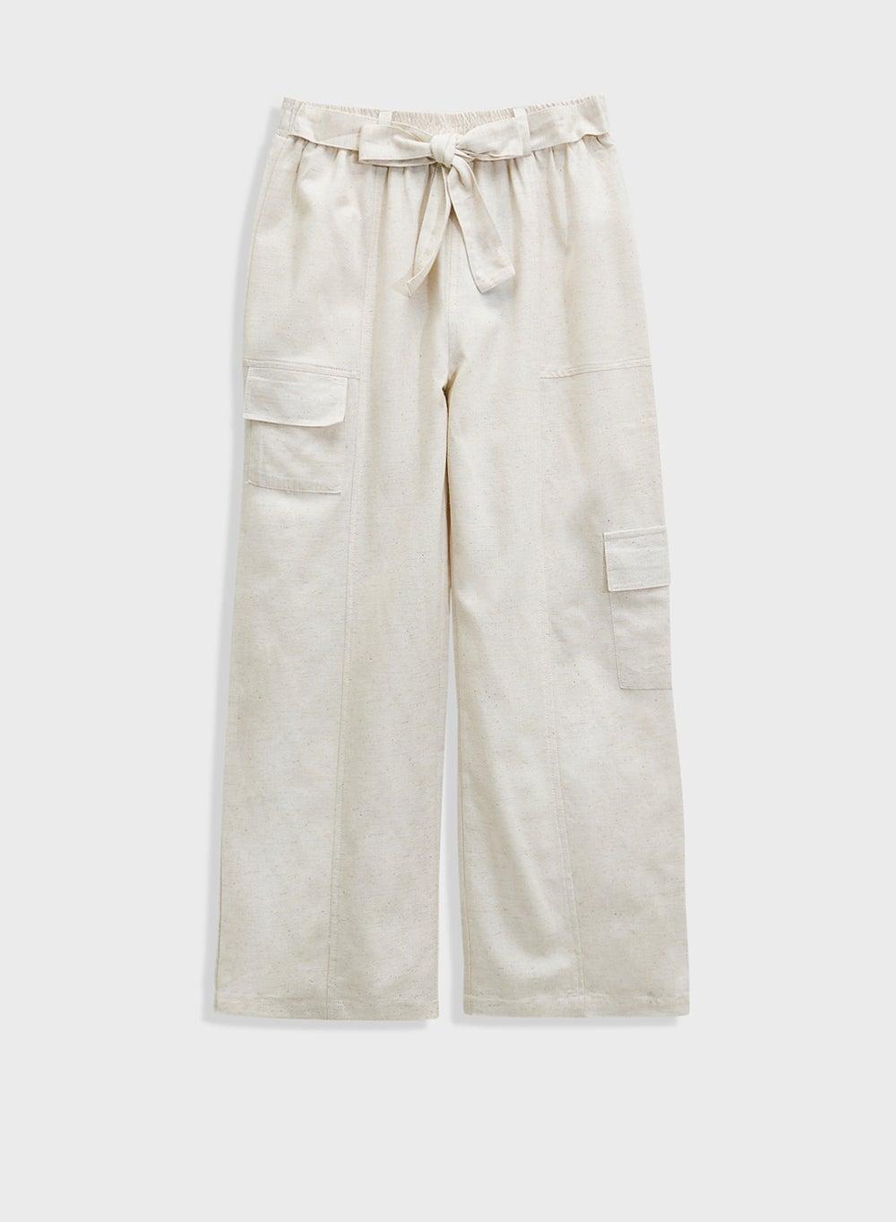 Girls Cream Cotton Wide-Leg Cargo Pants - Image 1