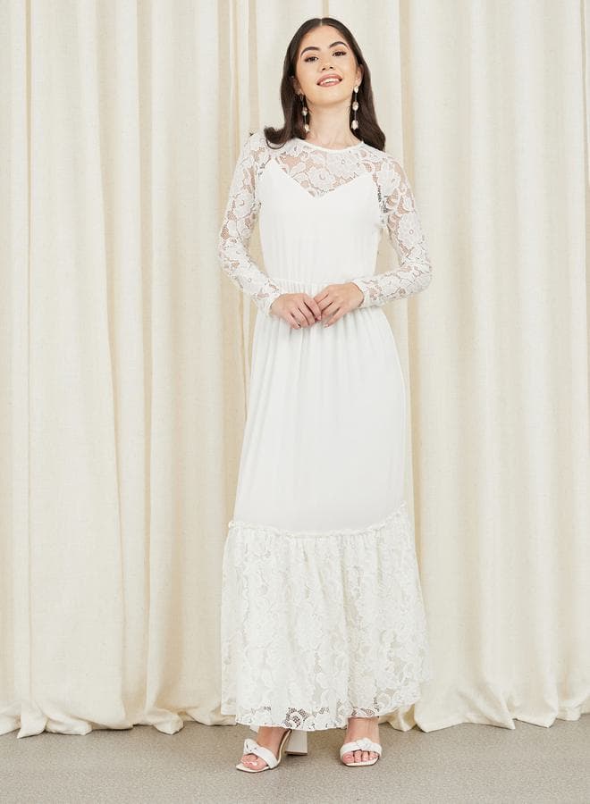 Styli Lace A-Line Tiered Maxi Dress 7007490936 White - Image 1