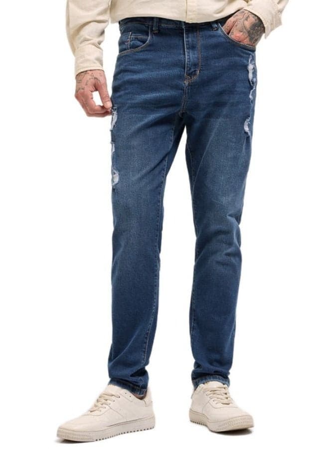 Men’s Mid Blue Distressed Slim Fit Jeans Classic Comfort - Image 1