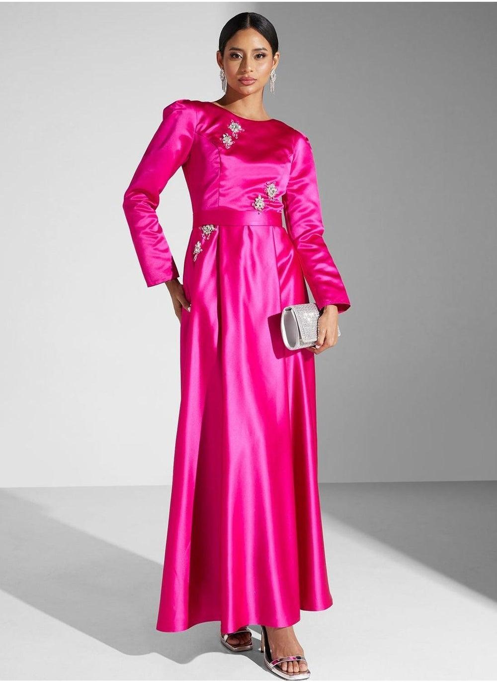 Hot Pink Satin Embellished Maxi Dress - Image 1