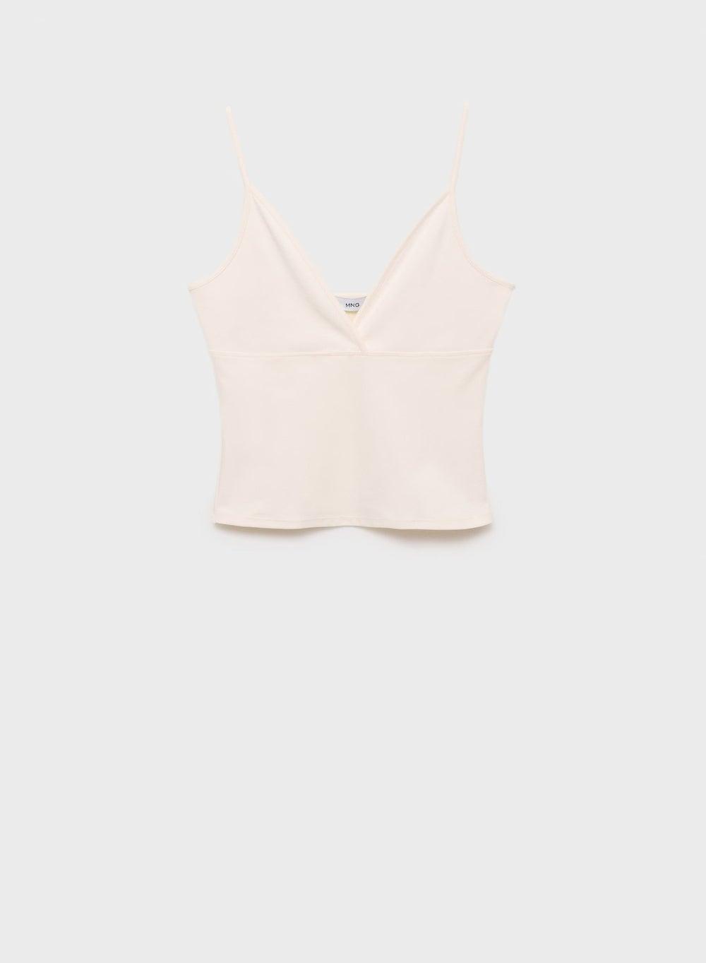 Ecru Stretch Cotton V-Neck Top 17021222 - Image 1