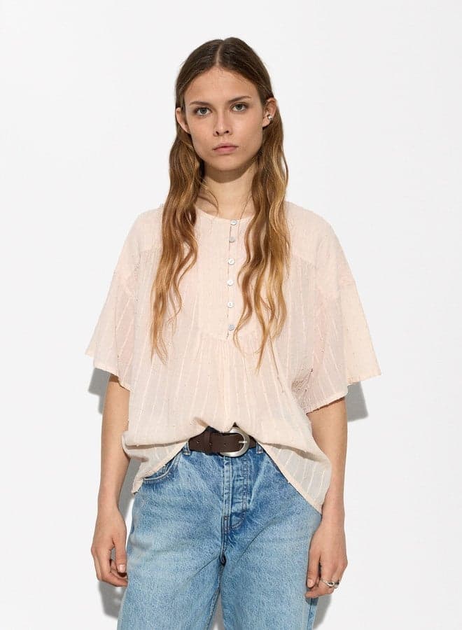 Ribbed Cotton Button Top Classic Fit Blouse - Image 1