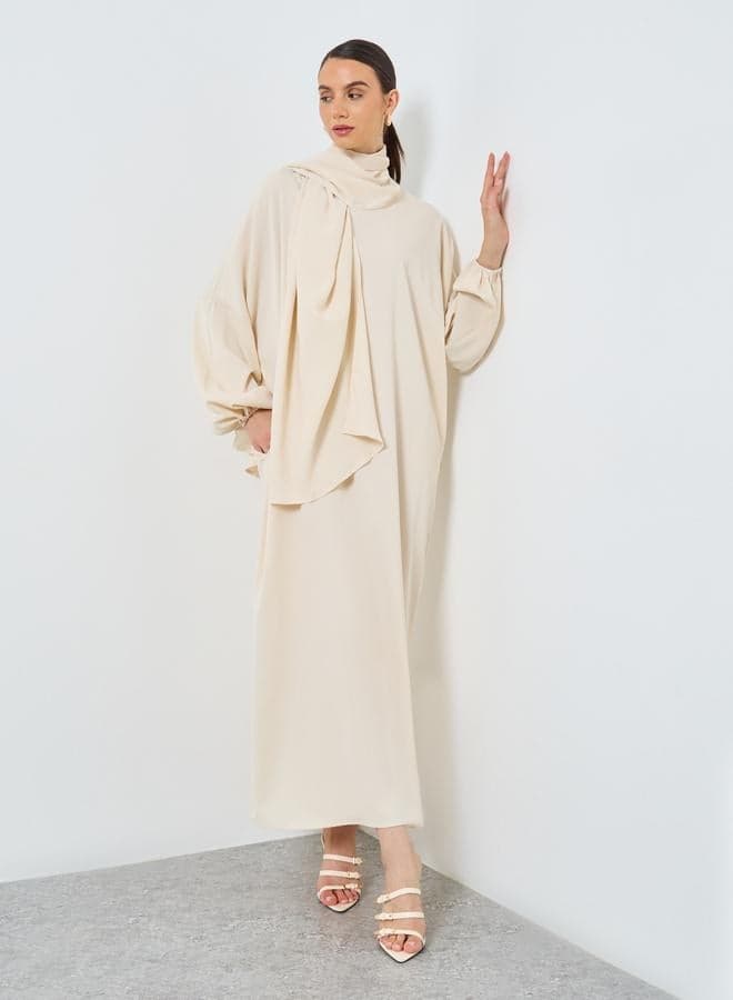 Beige Volume Sleeve Hooded Abaya with Matching Scarf - Image 1