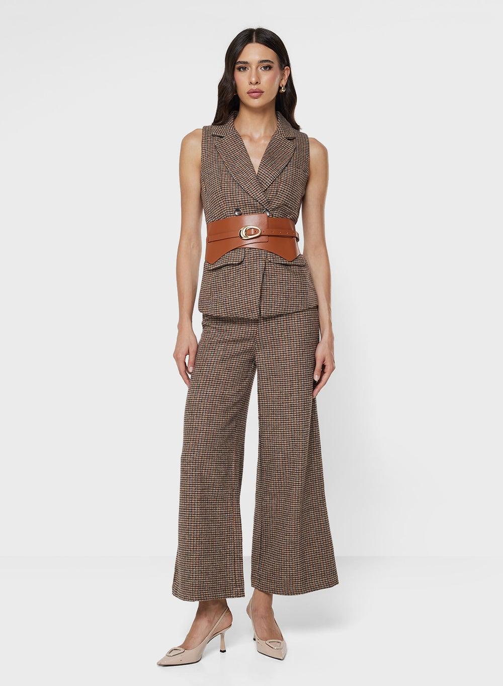 Xy24100 Brown Checkered Vest & Pant Set - Image 1