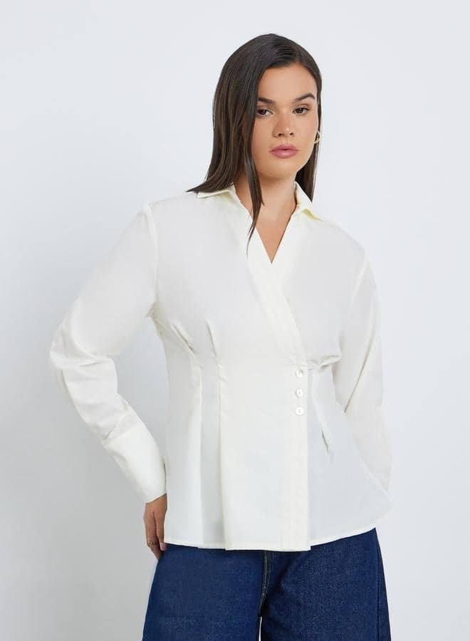 Styli Cream Pleated Wrap Shirt for Women - Image 1