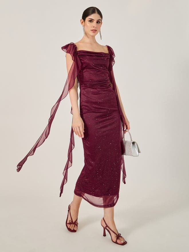 Sparkle Cowl Burgundy Midi Dress - Image 1