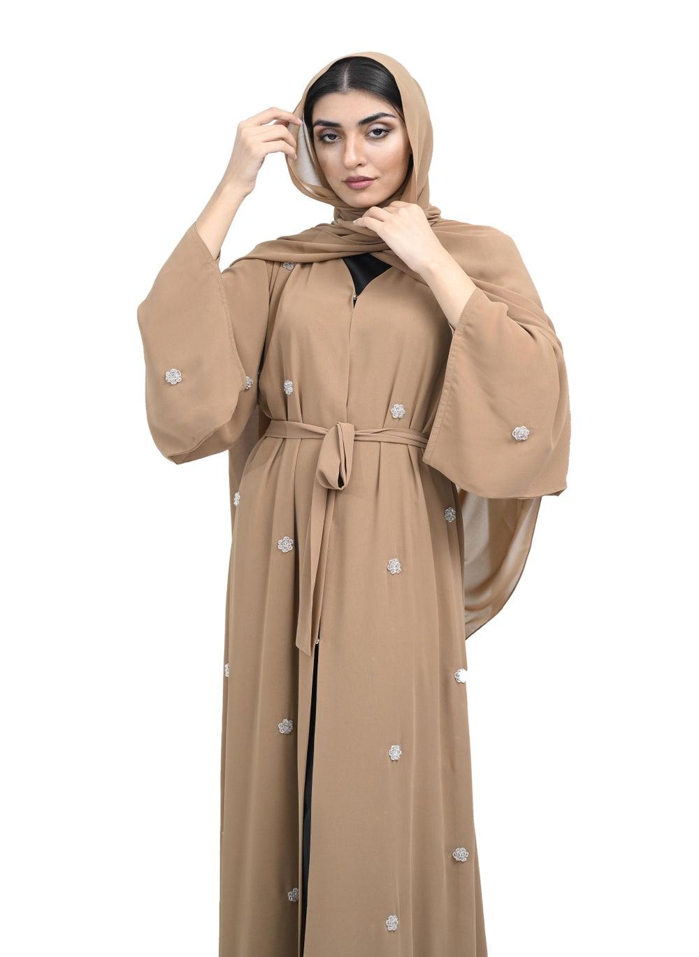 Dark Beige Double Chiffon Beaded Abaya Set 620 - Image 1