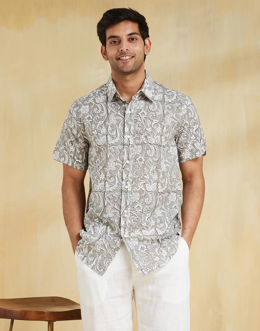 Grey Paisley Hand Block Printed Cotton Shirt - Image 1
