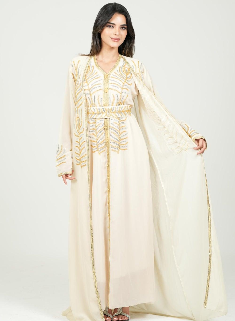 Beige Embroidered Chiffon Kaftan Jalabia Dress - Image 1