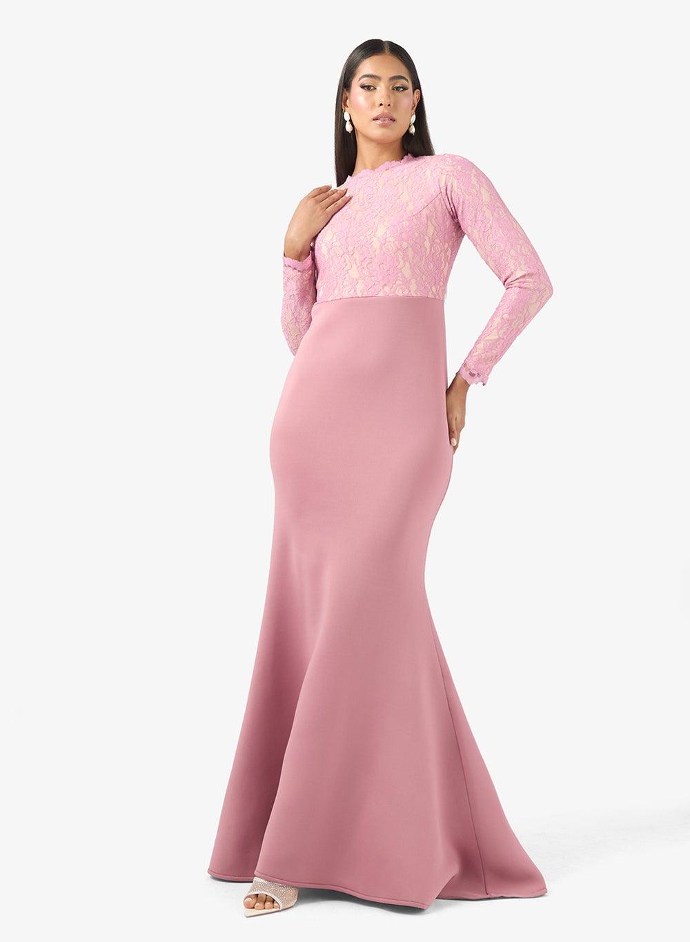 Pink Embroidered Lace Bodice Modest Gown Dress - Image 1