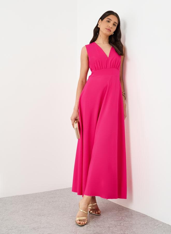 Hot Pink V-Neck Sleeveless A-Line Maxi Dress - Image 1