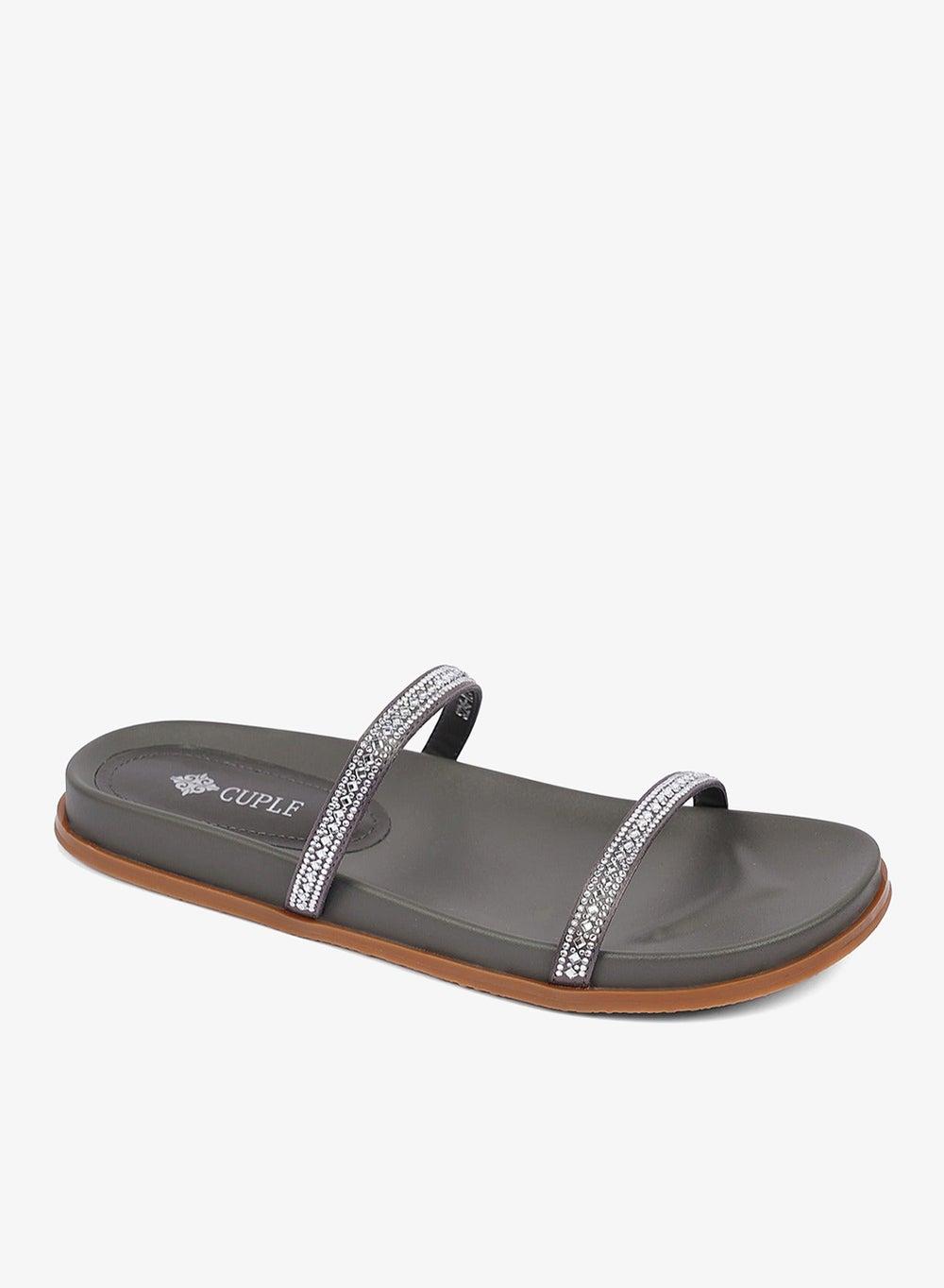 Grey Double Strap Embellished Slip-On Flat Sandals - Image 1