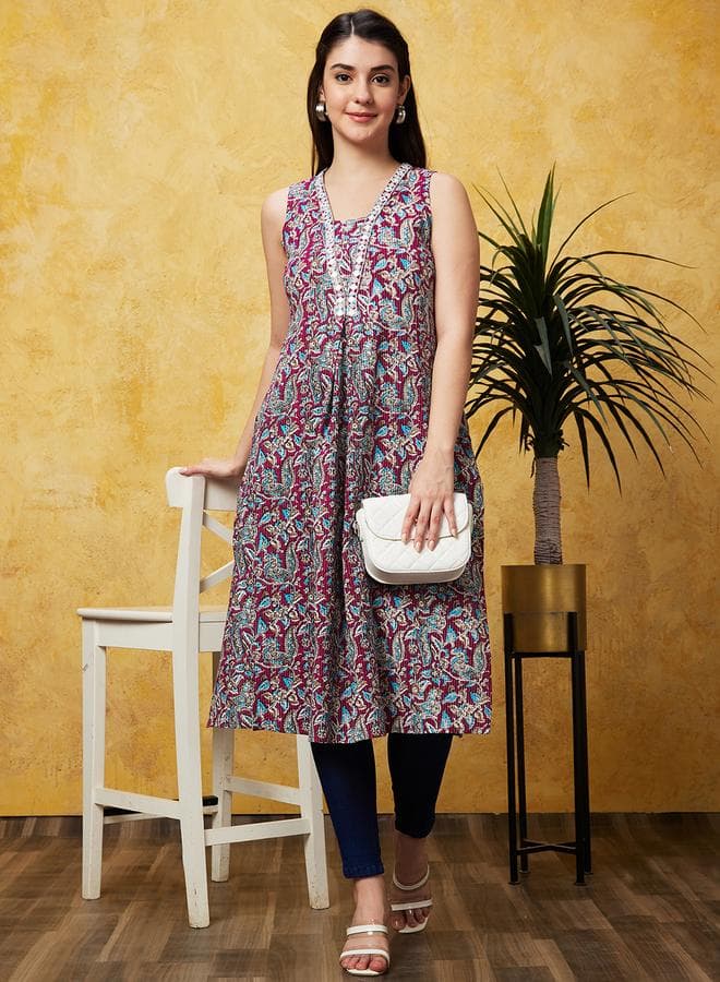 Purple Floral Sleeveless A-Line Kurta - Image 1