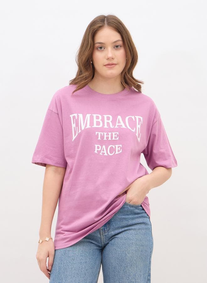 Styli Slogan Print Oversized Pink Cotton T-Shirt - Image 1