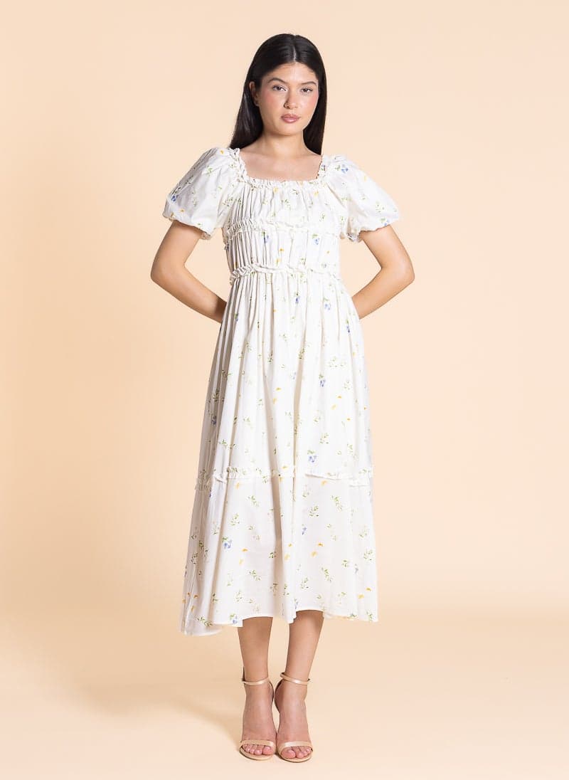 White Floral Tiered Midi Dress with Square Neck - Image 1