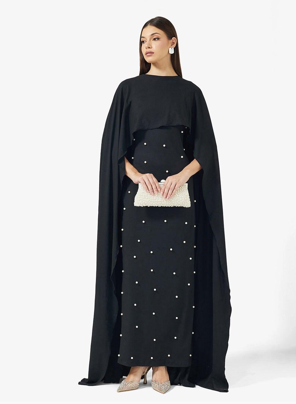 Black Cape Maxi Dress A25D781 Embellished Bodice - Image 1