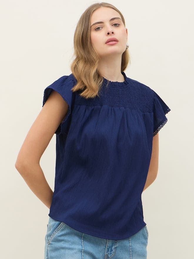 Blue Smocked Detail Round Neck Regular Fit Top - Image 1