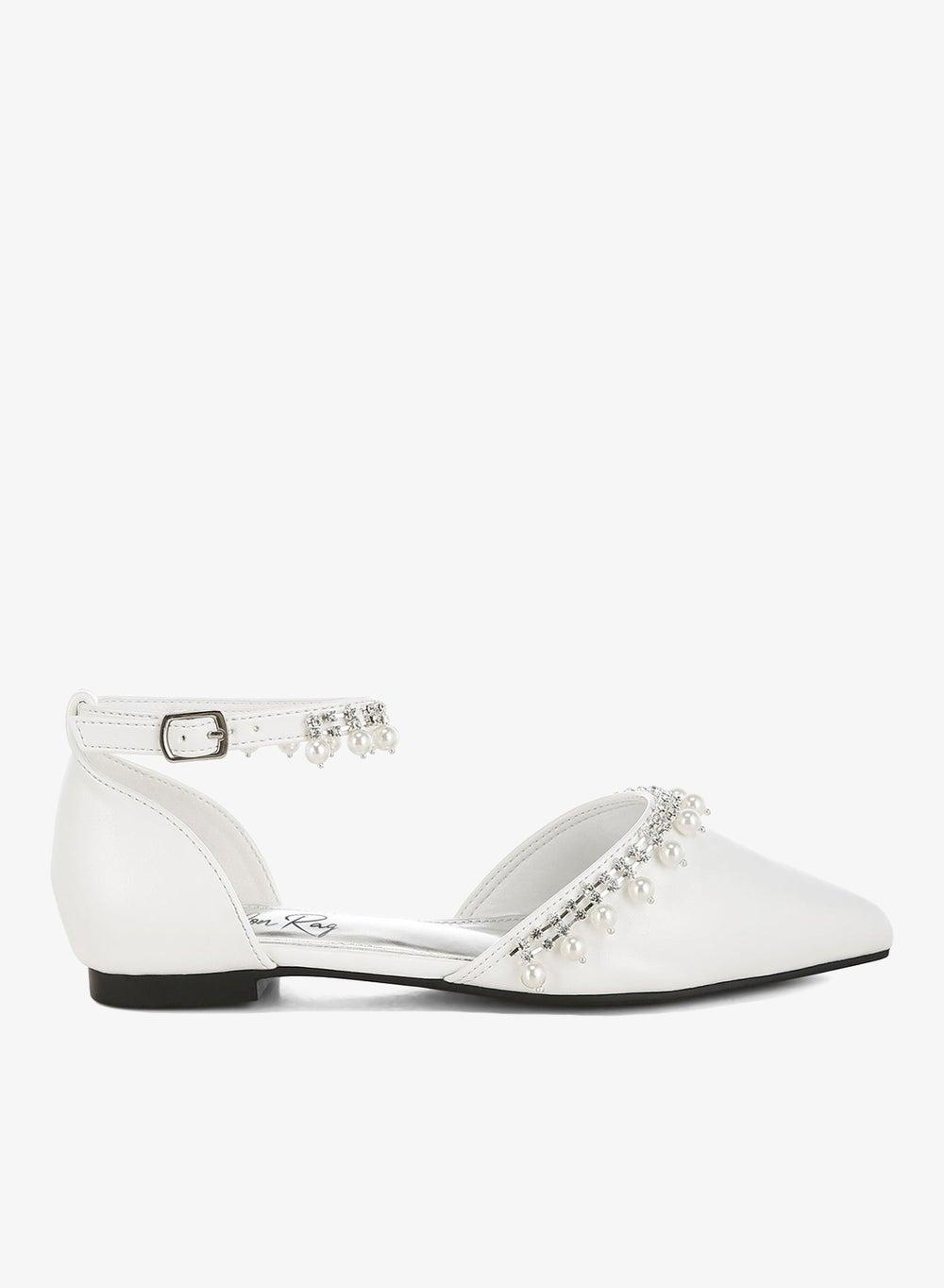 White Rhinestone & Pearl Ankle Strap Sandals Sh5116 - Image 1