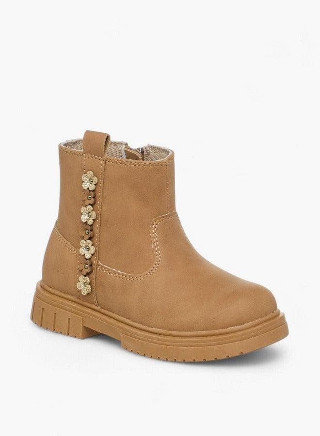 Beige Floral Accent Ankle Boots 1676F18465 - Image 1