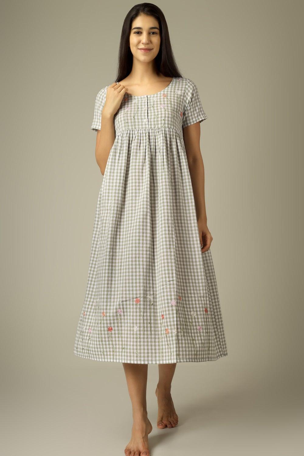 Daisy Embroidered Cotton Nightdress in Green - Image 1