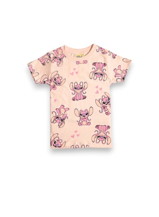 Lilo & Stitch Girls Pink Cotton Graphic T-Shirt - Image 1