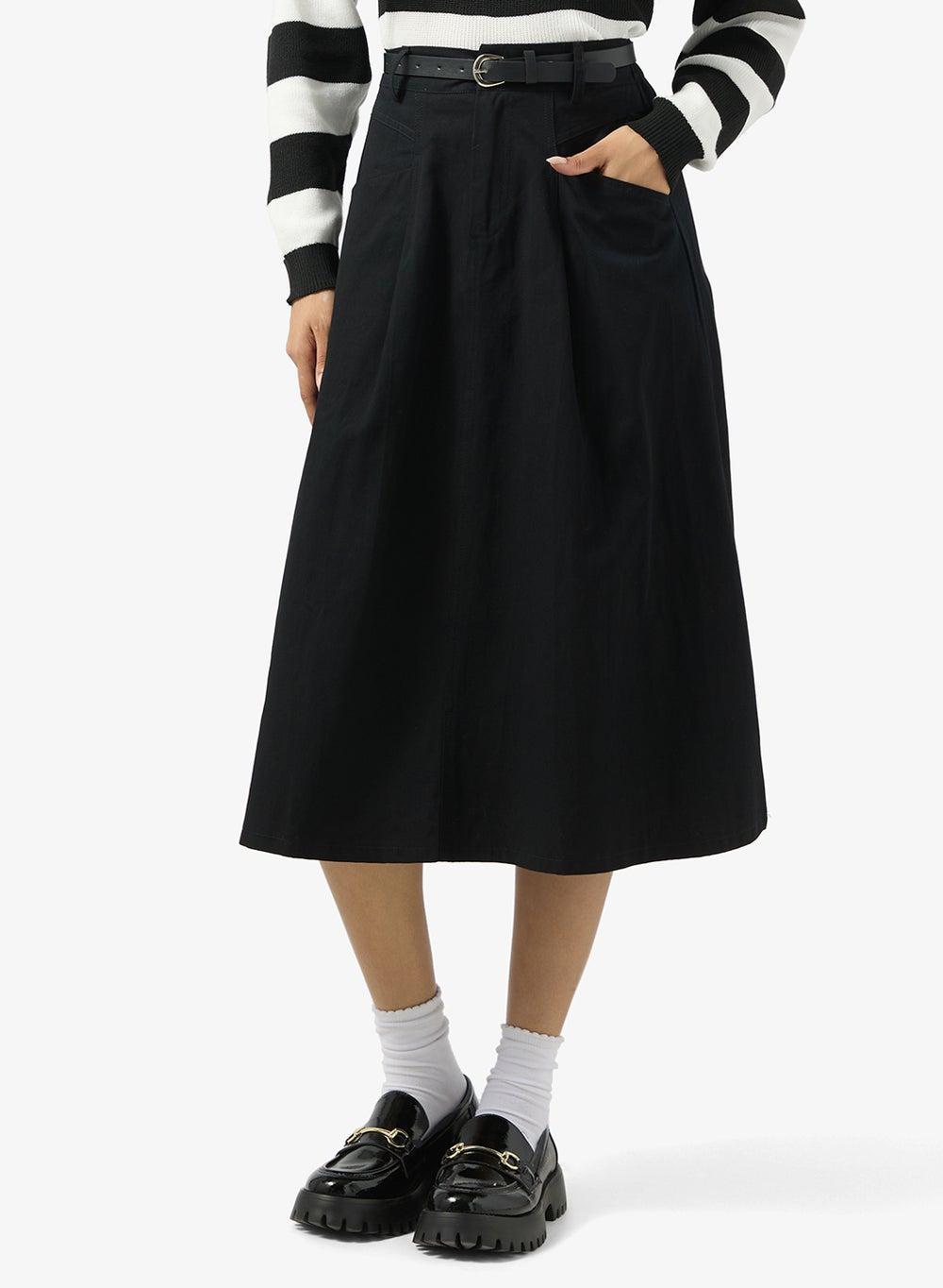 Black Belted Midi Skater Skirt Y250613020 - Image 1