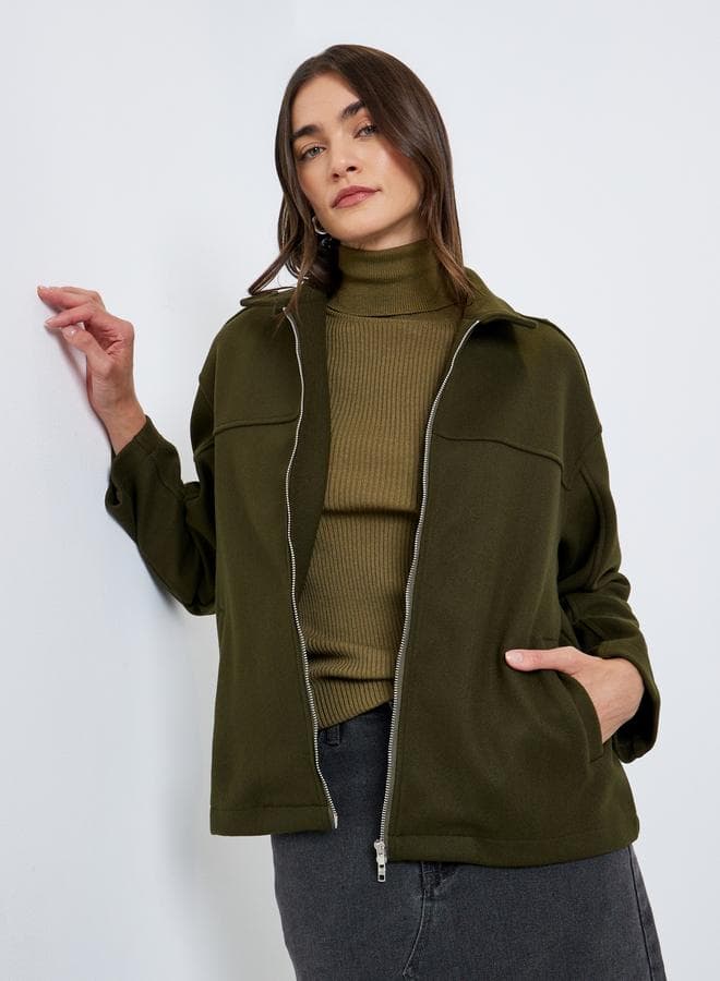 Styli Oversized Olive Wool-Look Bomber Jacket - Image 1