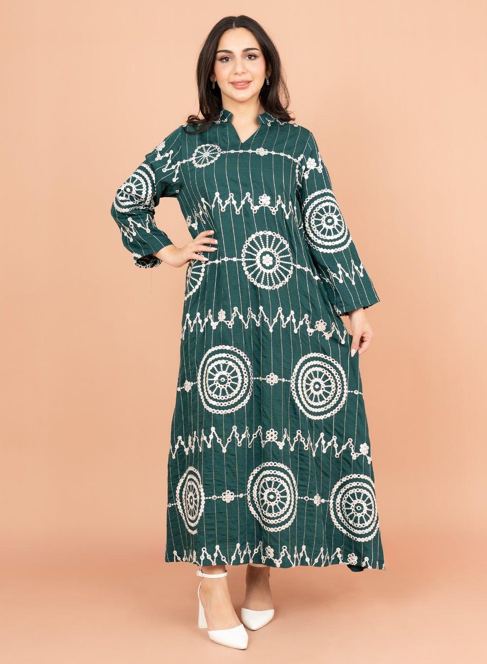 IK6004 Green Embroidered Jalabiya – Elegant Modest Dress - Image 1