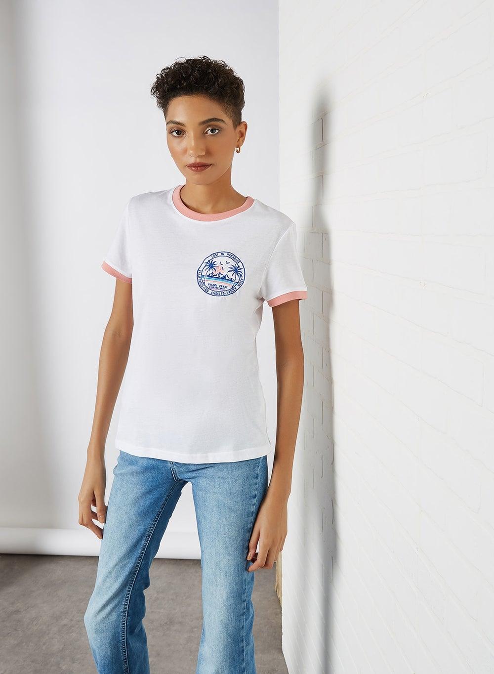White Rose Embroidered Patch T-Shirt - Image 1