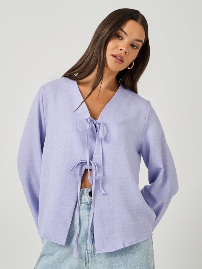 Styli V Neck Linen Look Tie Detail Top - Image 1