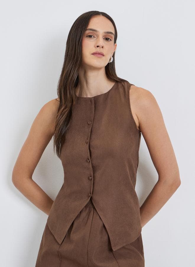 Styli Textured Buttoned Sleeveless Brown Top - Image 1