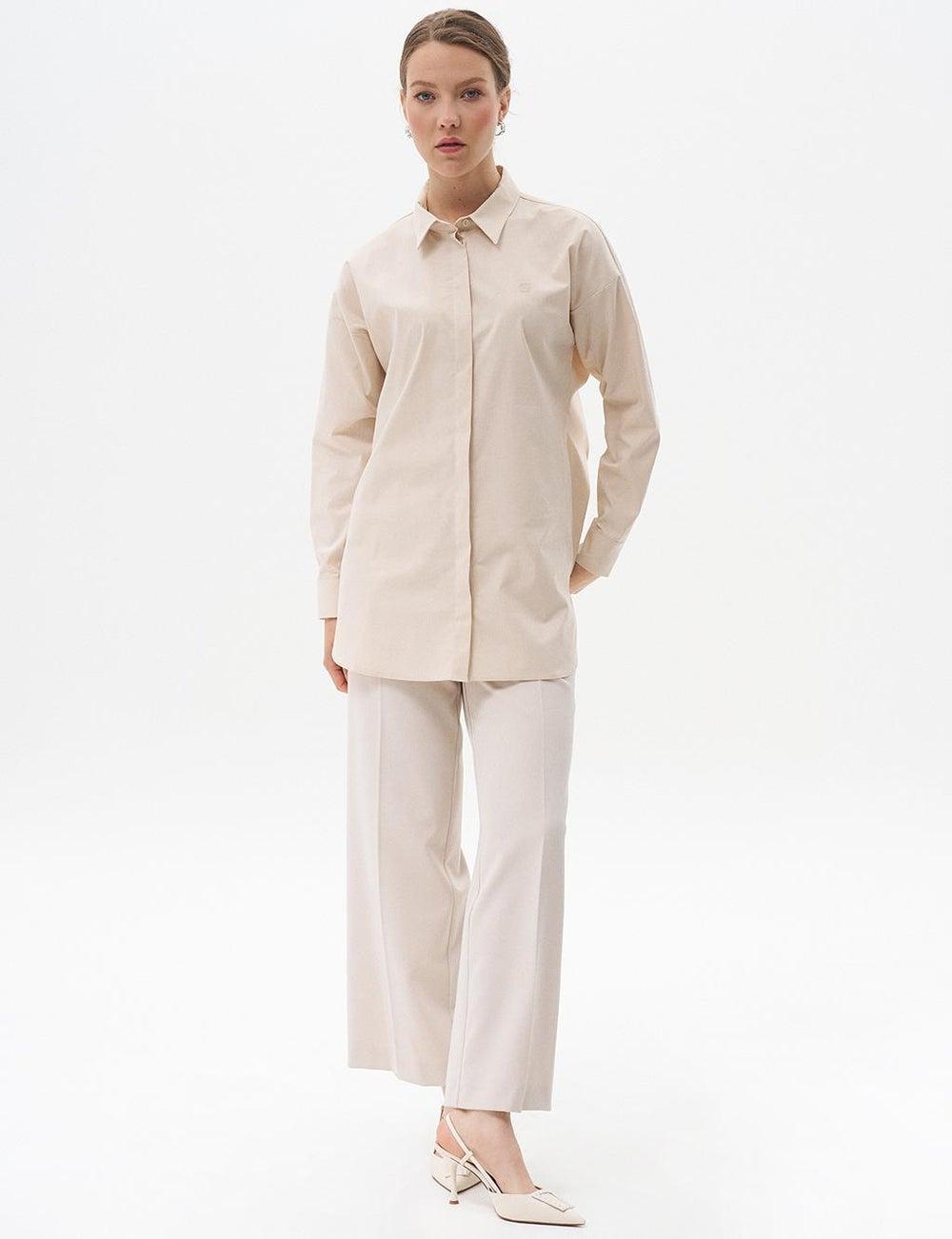 Cream Poplin Shirt Collar Tunic with Hidden Placket - Image 1