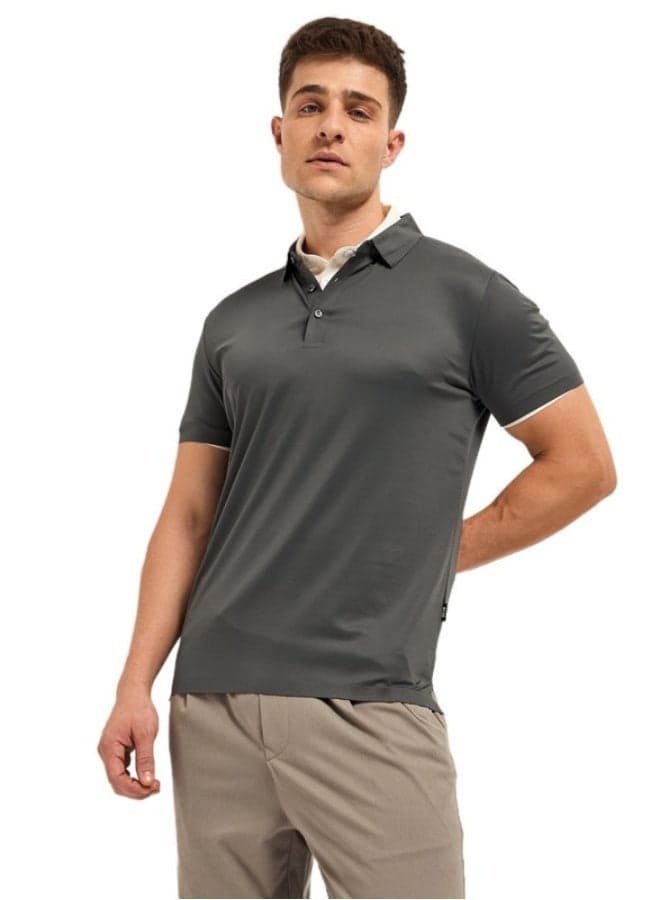 Men’s Grey Nylon Blend Polo Shirt Classic Collar - Image 1