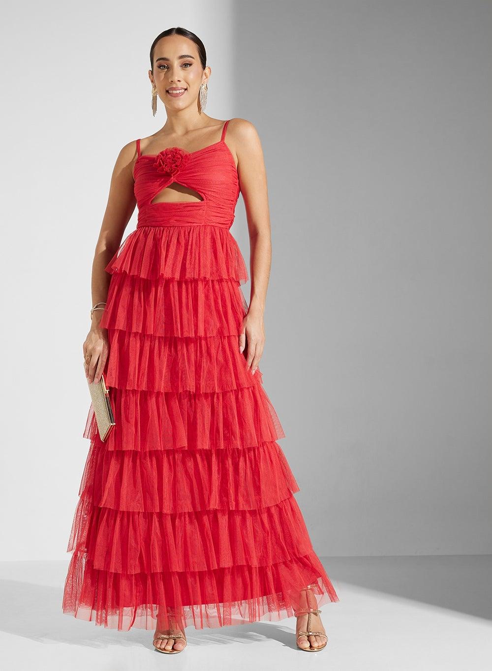Bright Red Tiered Tulle Maxi Dress PL4 3323 - Image 1