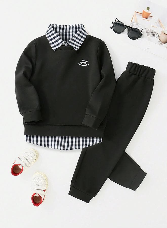 Boys Black Solid Sweatshirt & Joggers Tracksuit Set - Image 1