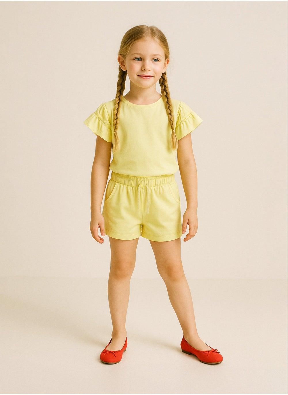 Girls Yellow Frill Sleeve Cotton T-Shirt - Image 1