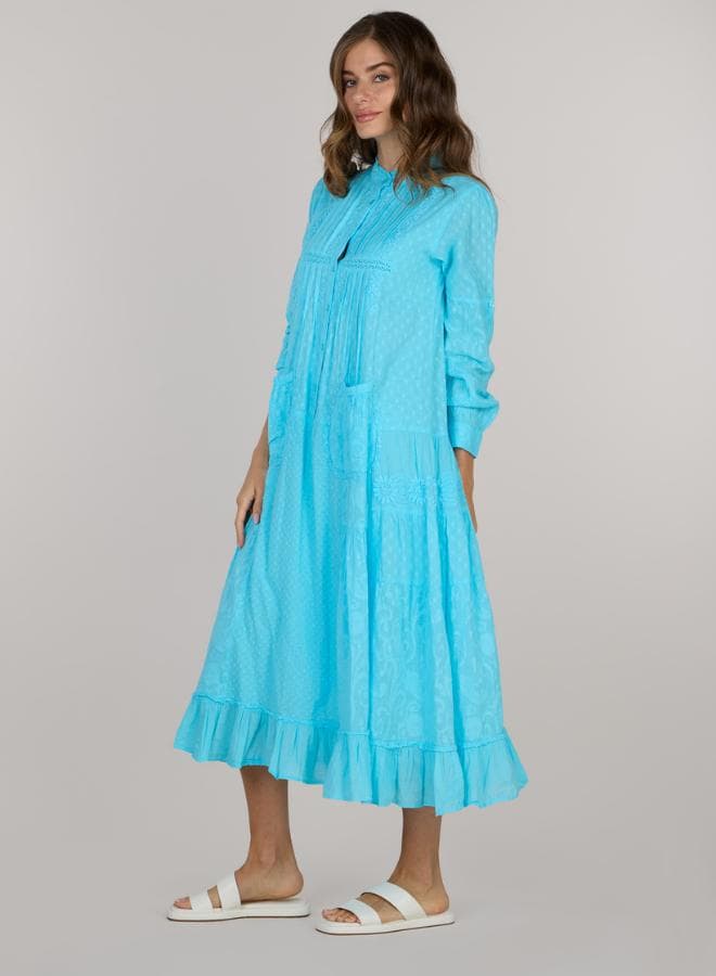 Embroidered Cotton Boho Midi Dress in Bright Blue - Image 1