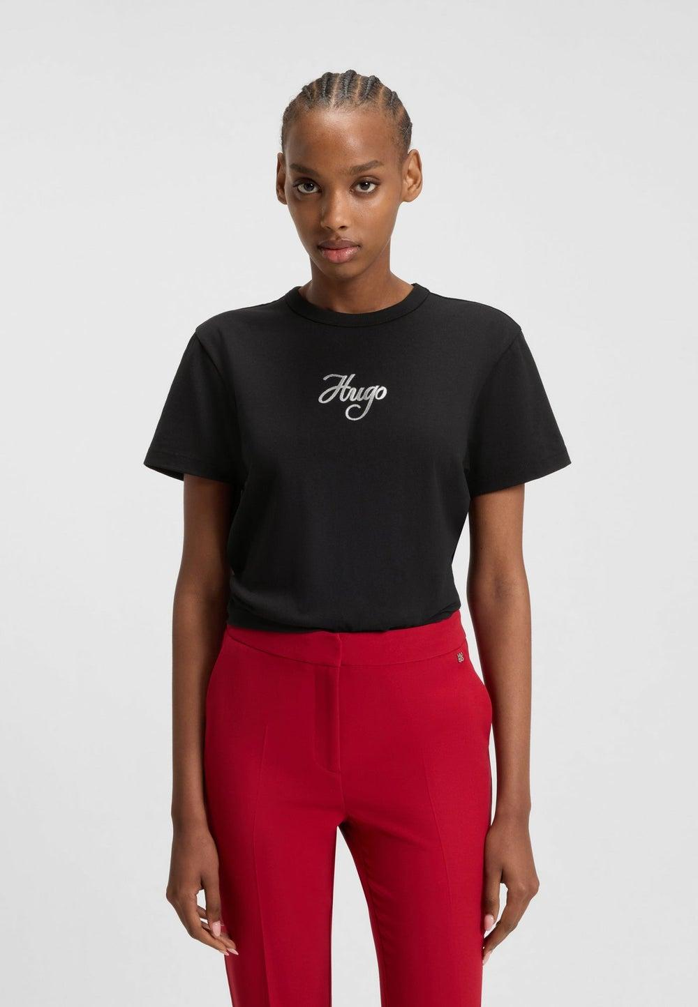HUGO Black Cotton T-Shirt 50550117001 Glitter Detail - Image 1